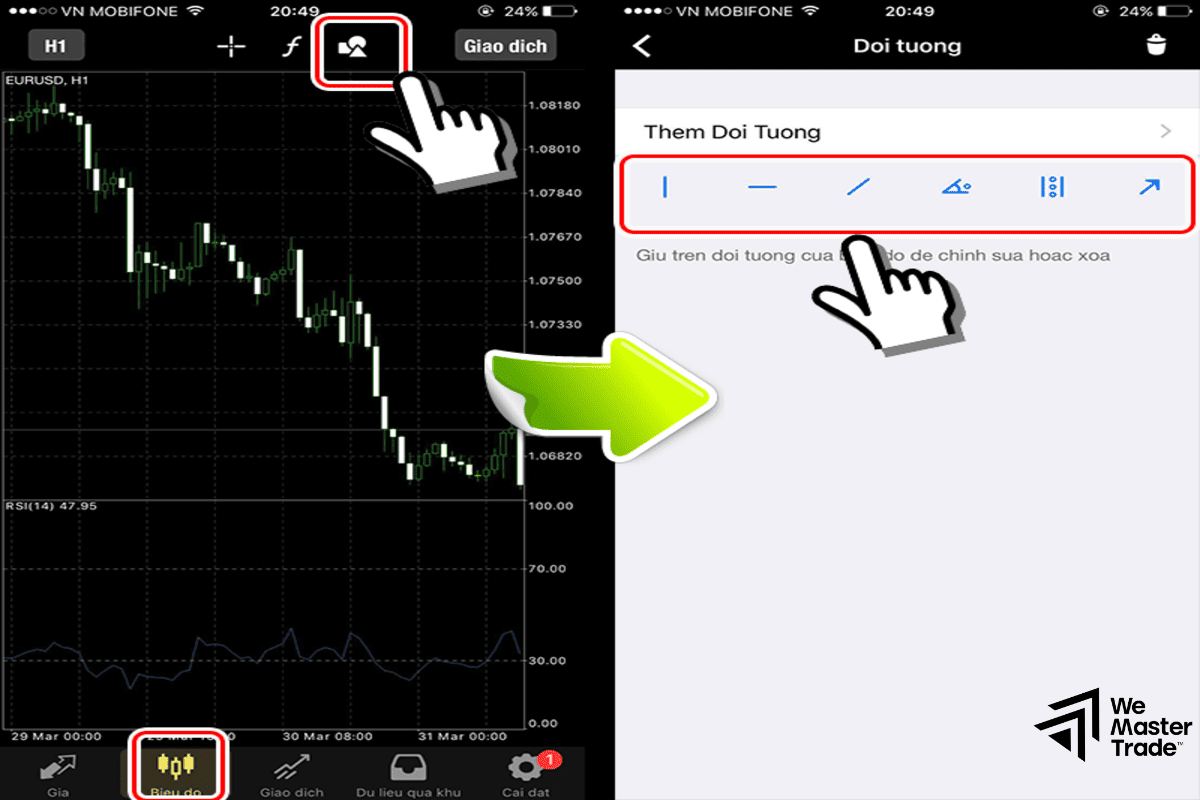 Cách vẽ Trendline trên MT5 điện thoại (Mobile)